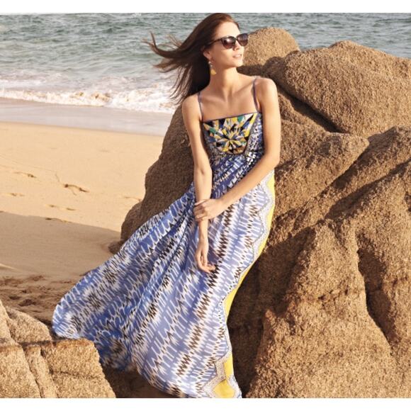 RANNA GILL ANTHROPOLOGIE Boho Maxi Dress Womens Small Petite Sunburst Beaded - Picture 11 of 12